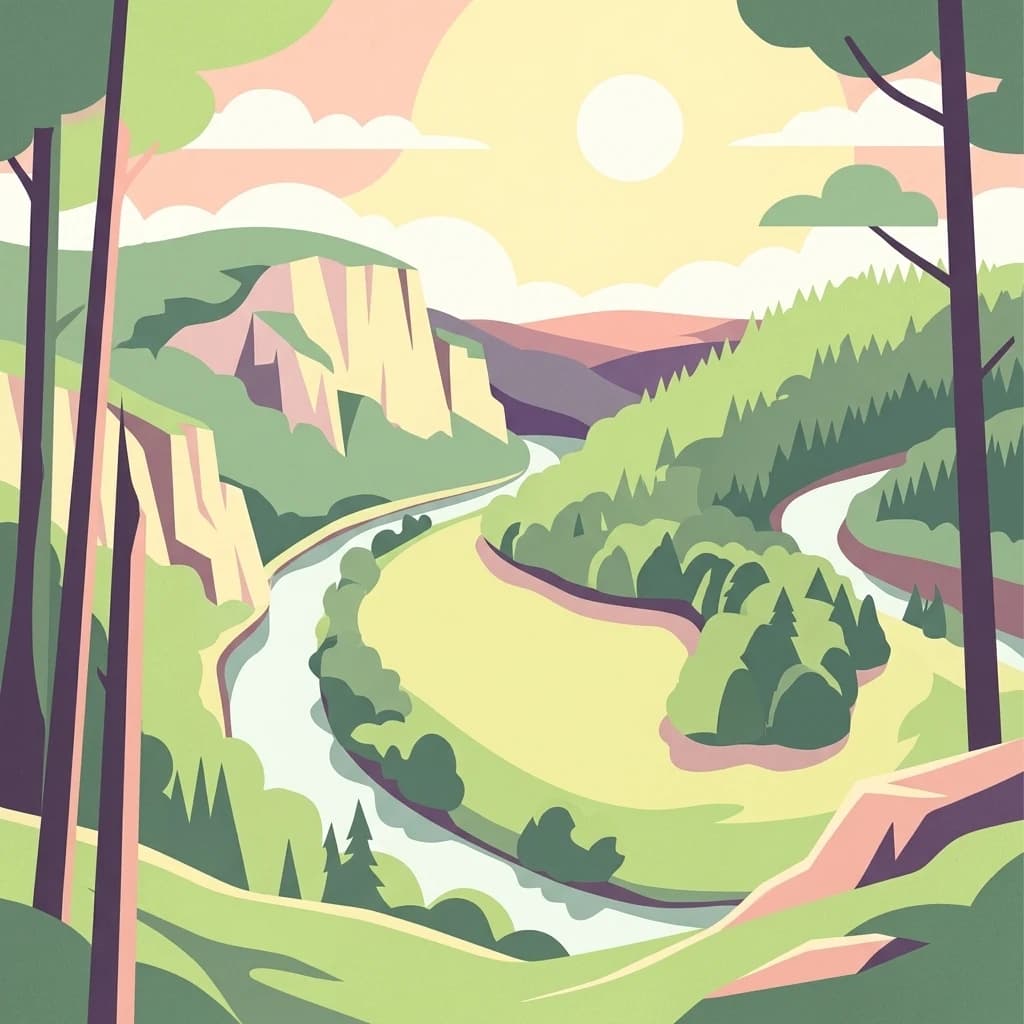 Stylized illustration of a winding river through a forested valley with cliffs and mountains under a bright sun