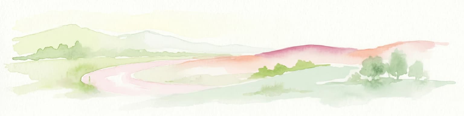Watercolor illustration showing a winding river through rolling hills with trees