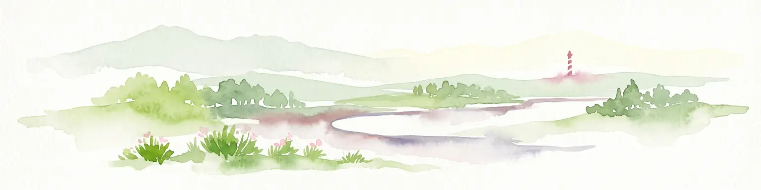 Pintura en acuarela que representa un paisaje costero sereno con colinas verdes bajas, una pequeña masa de agua en primer plano y un faro distante en el horizonte.