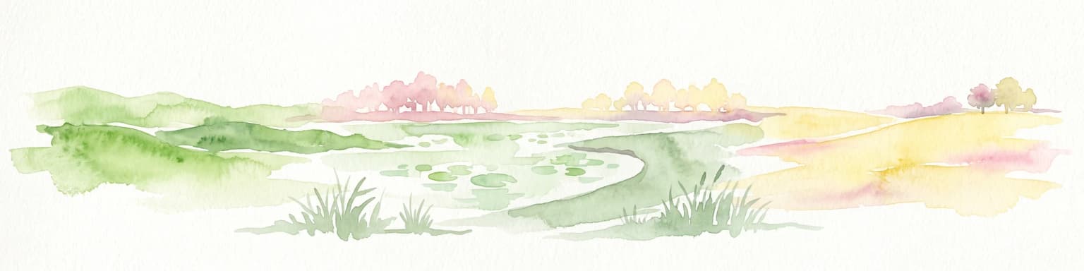 A watercolor painting showing a panoramic view of a marshy landscape with green grasses, light-colored water, and distant trees on a white background.