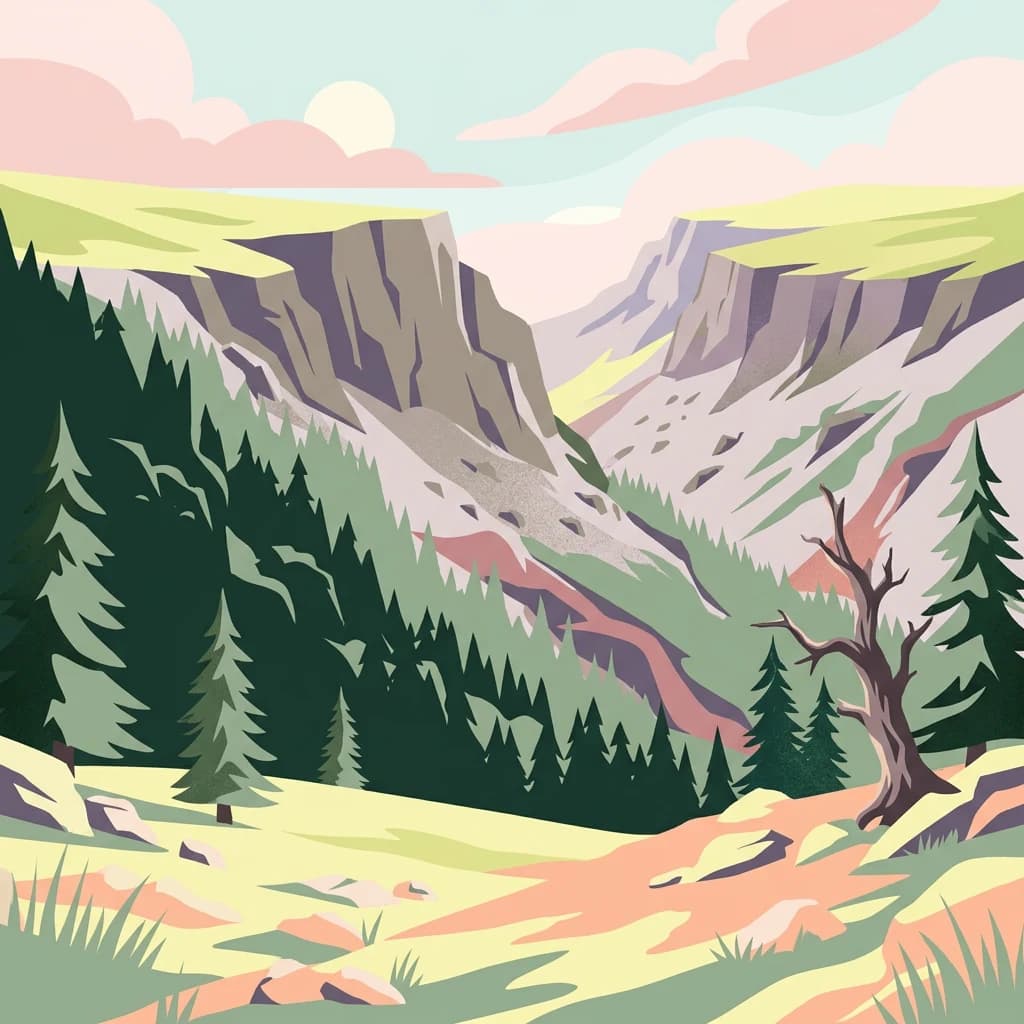 Illustration of a mountain valley with forested slopes, rocky cliffs, a bare tree, and colorful sky