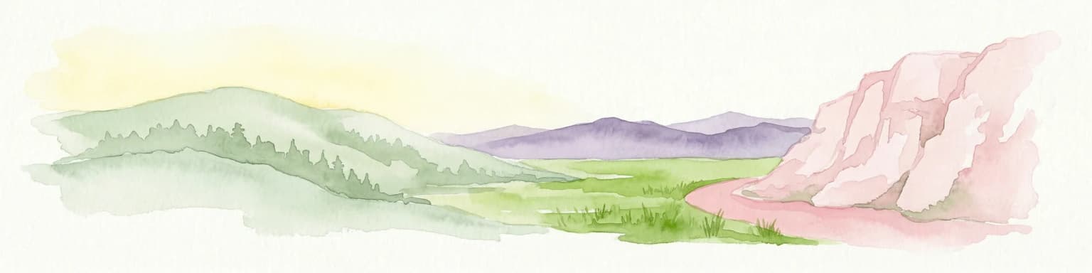 Watercolor illustration showing green hills, a valley, and pink rock formations under a pale sky