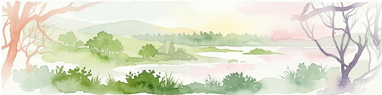 Watercolor painting of a landscape with trees, hills, and a body of water