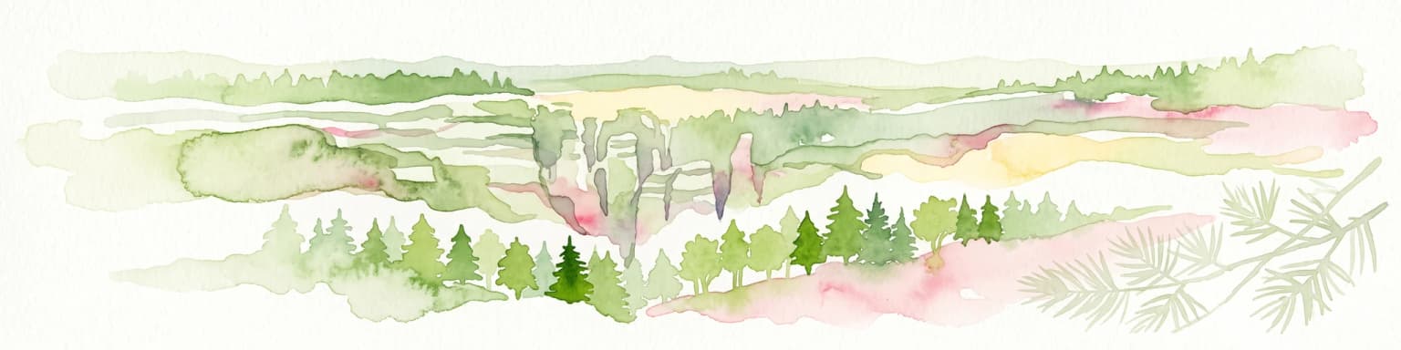 Watercolor illustration of sandstone rock towers and coniferous trees in a landscape setting with a light color palette.