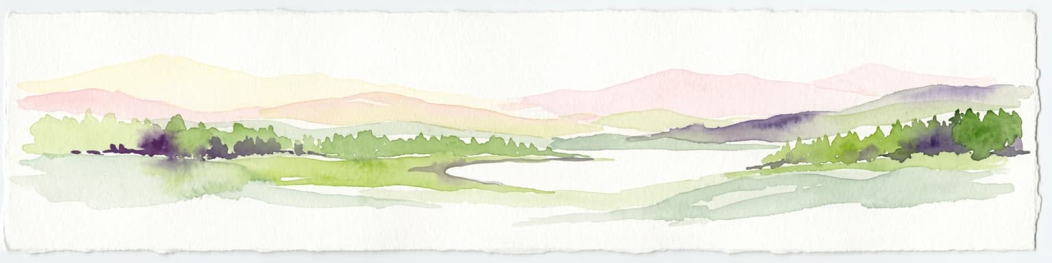 Una pintura en acuarela que muestra una vista panorámica de una zona de humedales verdes con árboles, hierba y colinas onduladas al fondo.