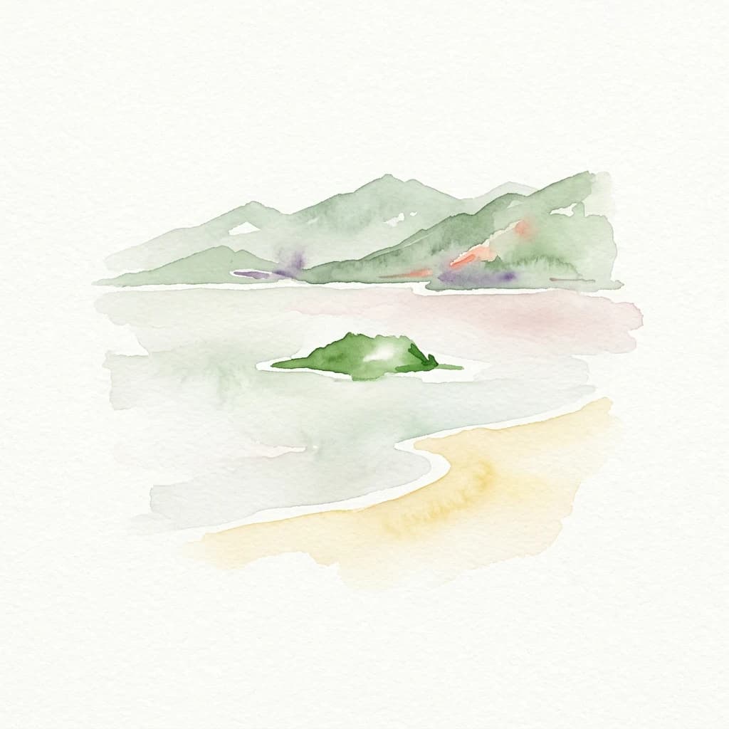 Watercolor painting of a lake with a small island, sandy beach, and mountain range in the background