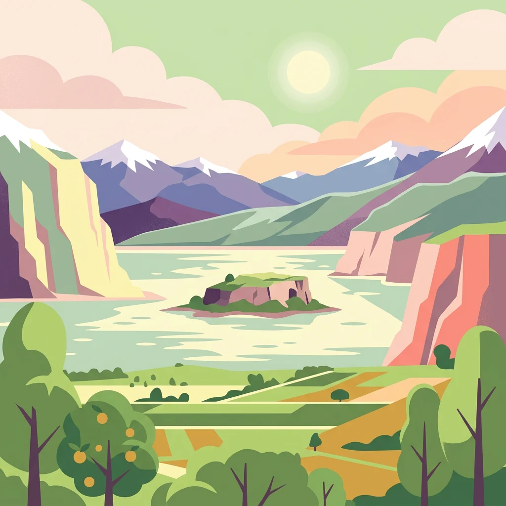 Illustration showing a lake with an island, surrounded by mountains and forests under a bright sky