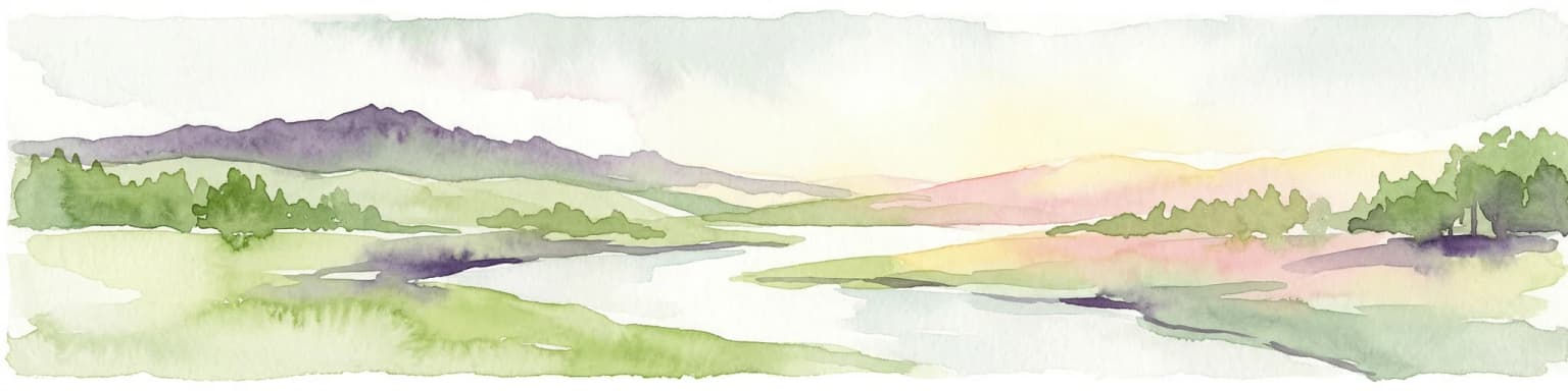 Watercolor painting of a river flowing through a valley with mountains and greenery