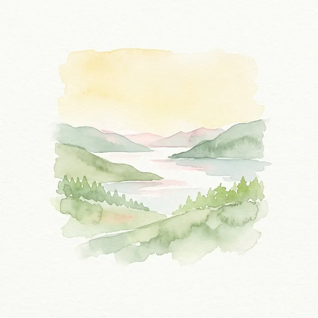 Watercolor illustration showing a lake surrounded by hills and forests