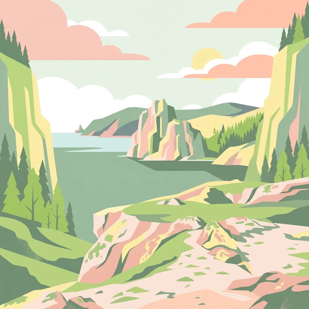 Illustration of green cliffs, a body of water, forested hills, and a sky with pink clouds and a yellow sun