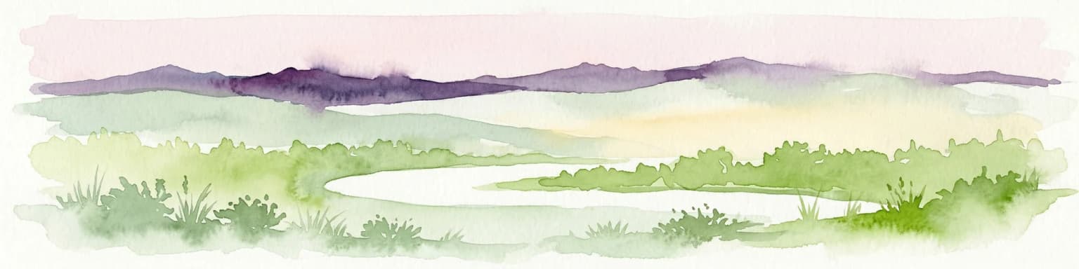 Watercolor illustration showing a lake, green vegetation, and mountains under a light sky