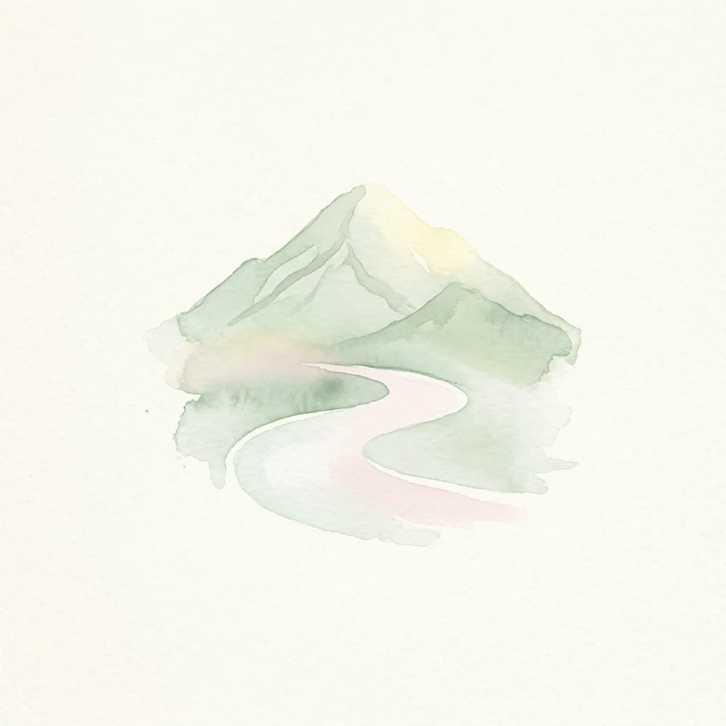 Watercolor illustration of a mountain with a winding river.