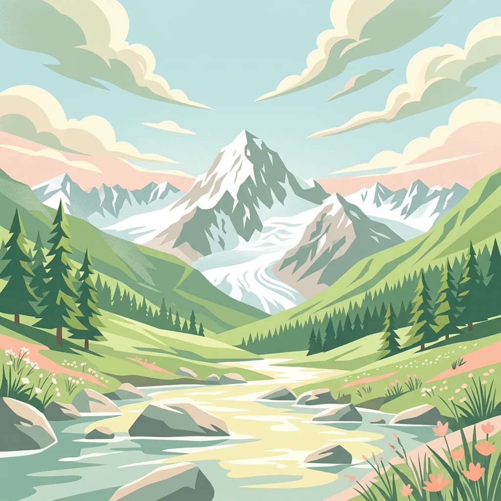 Illustration of a mountainous landscape featuring a snow-capped peak, river, green hills, pine trees, and rocky terrain under a partly cloudy sky