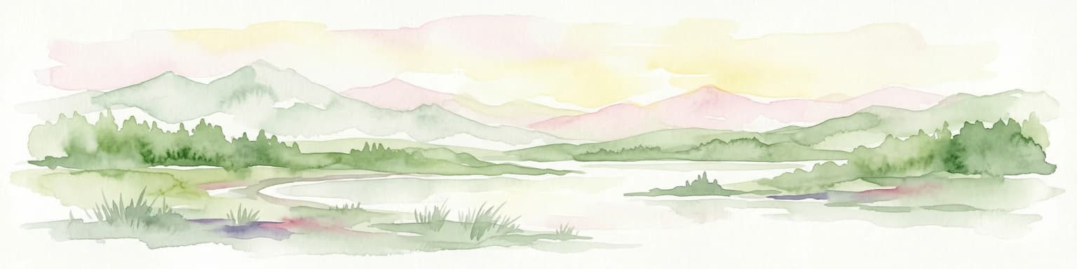 Watercolor painting of mountains, lake, and forest landscape with greenery and distant peaks