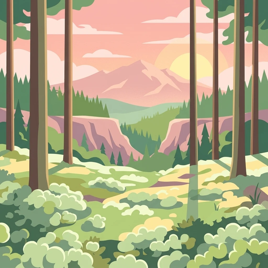 Stylized illustration of a forest with tall trees, green undergrowth, and mountains in the background under a pink and orange sky