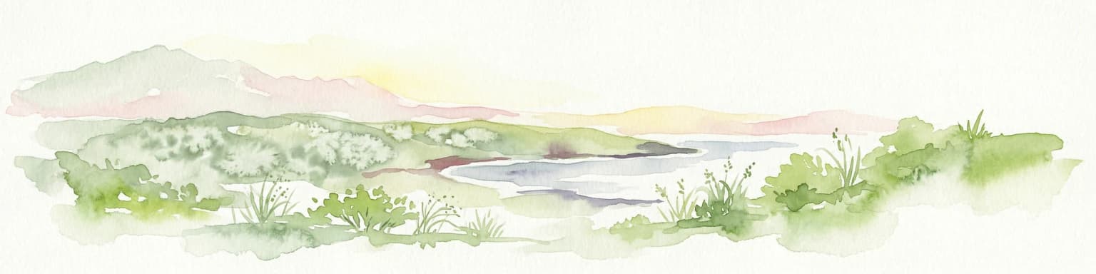 Watercolor painting of a coastal landscape featuring rolling hills, green vegetation, and a body of water under a soft sky