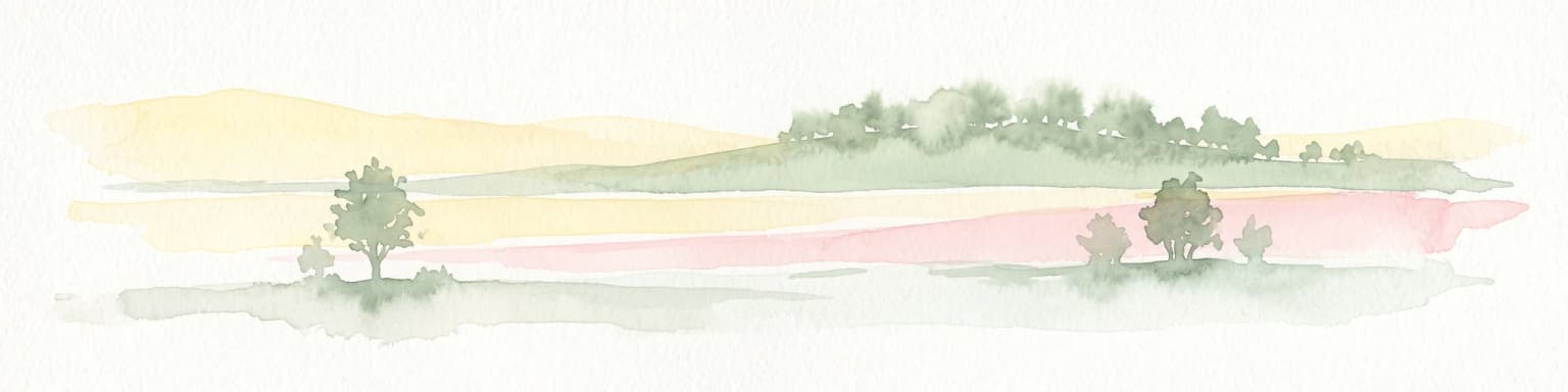 A minimalist watercolor illustration showing rolling green hills and a few trees against a pale yellow and pink background.