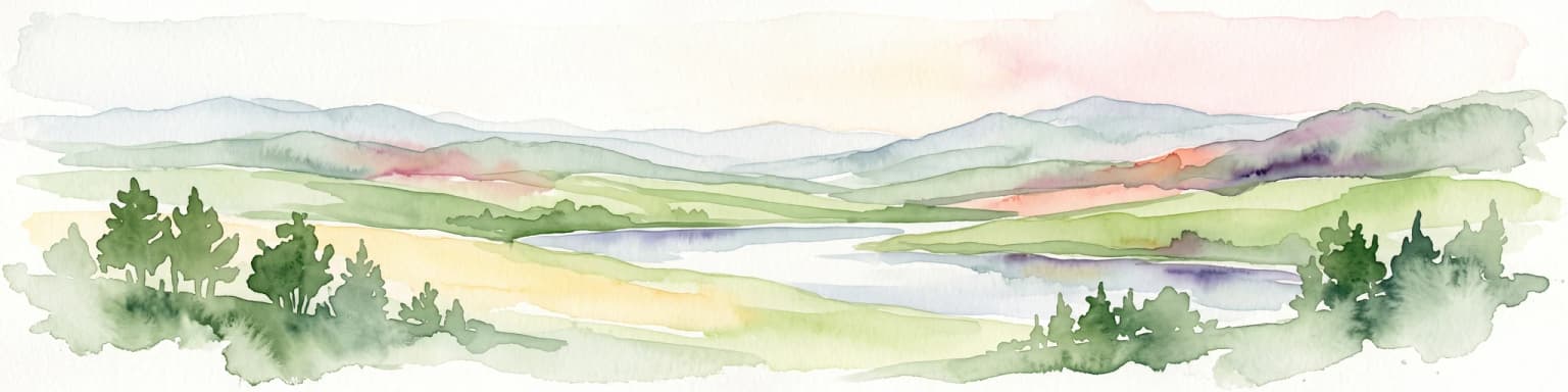 A horizontal watercolor illustration showing rolling green hills, a small pond, and trees under a soft, light sky.