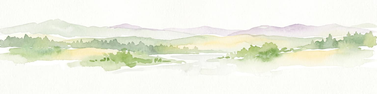 A soft watercolor illustration depicting a panoramic view of rolling green hills, distant light purple mountain ridges, and a central valley stream.