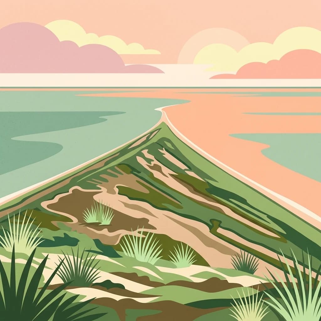 Stylized illustration of a coastal peninsula with green and brown terrain, sandy beach, and adjacent water bodies under a colorful sky