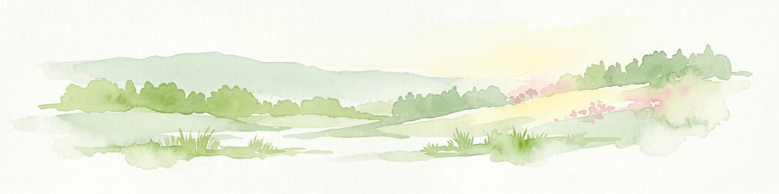Watercolor painting of a landscape with green hills, water bodies, and vegetation