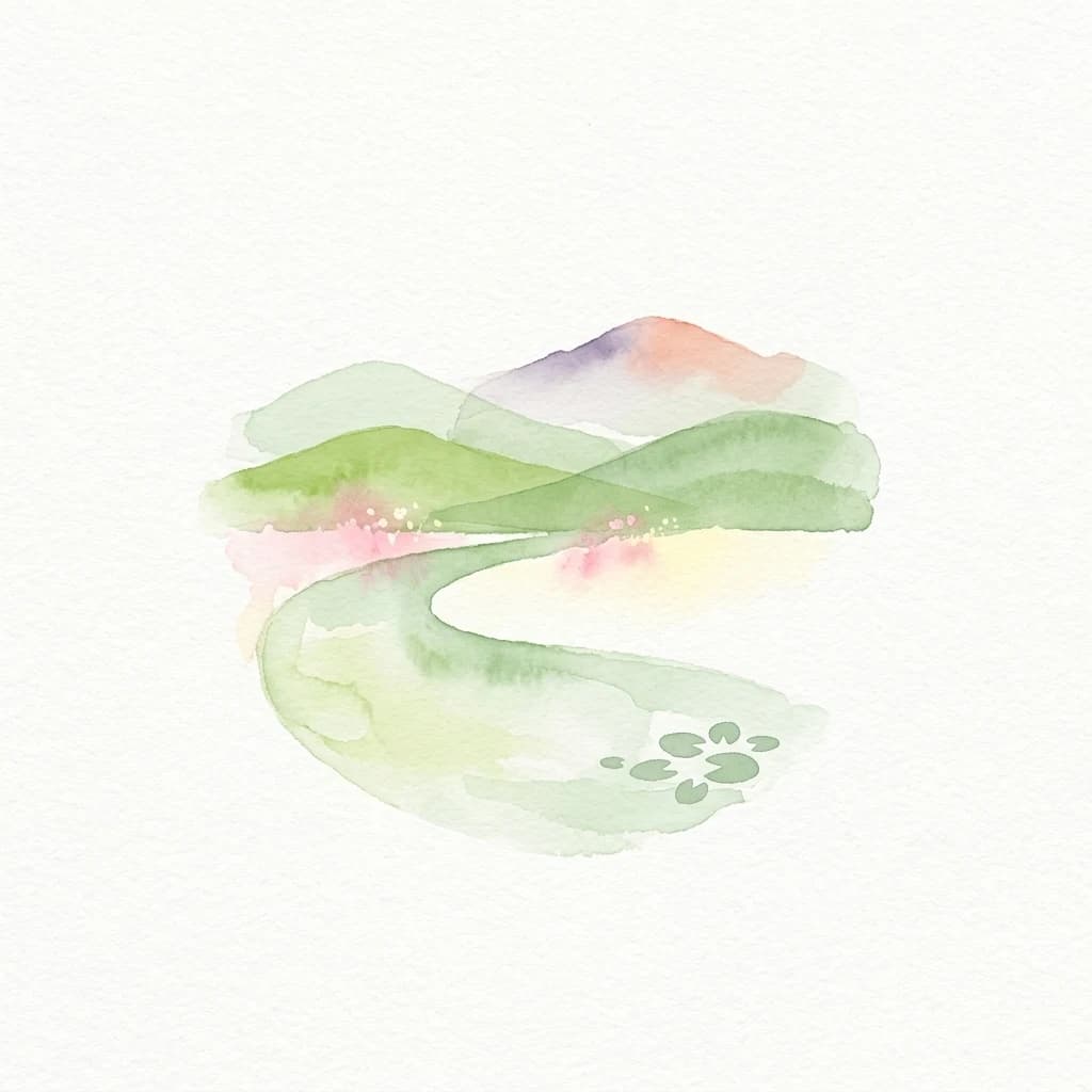 Watercolor illustration of a winding river through green hills and meadows