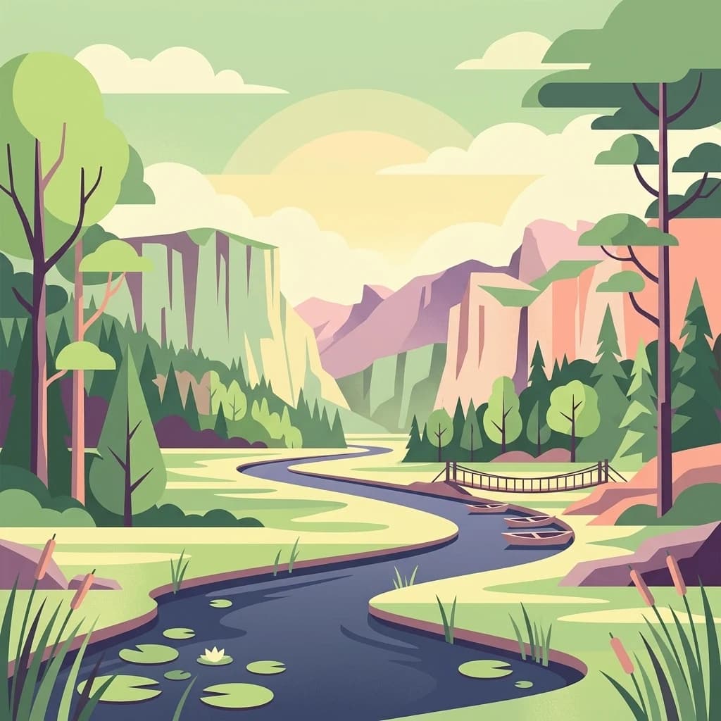 Winding river through a valley with mountains, trees, and a wooden bridge