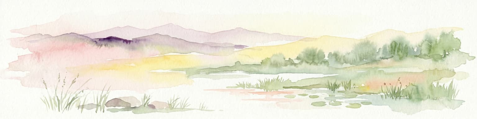Watercolor painting of a river valley landscape with meadows, distant hills, and soft-colored sky