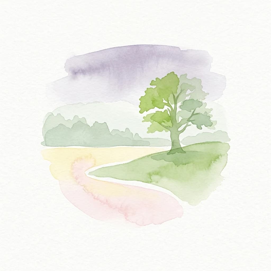 A watercolor painting showing a green tree on a grassy hill, a winding path, and distant hills under a purple sky