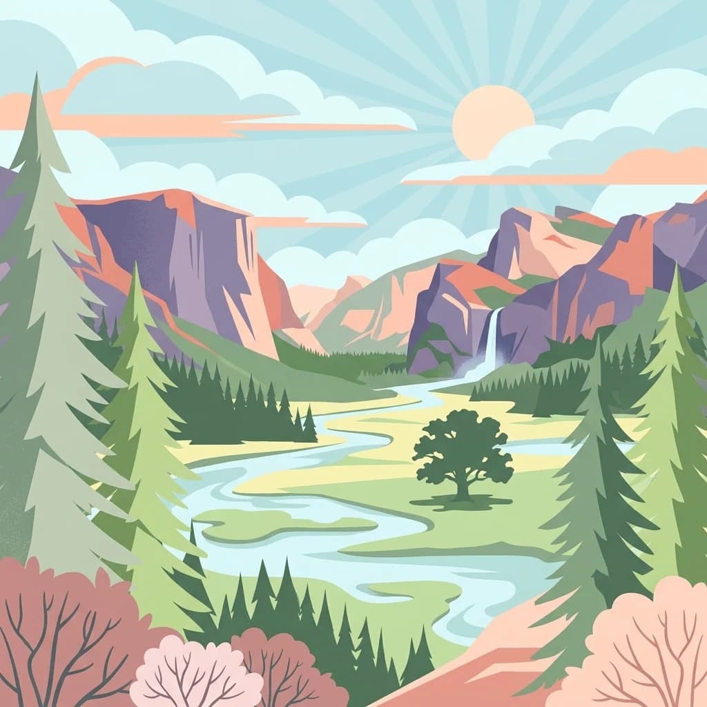 Illustration of a river winding through a forested valley with mountains and a sun in the sky