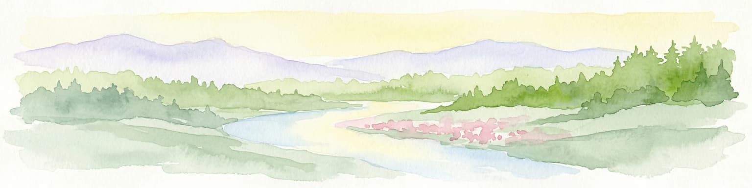 Watercolor painting of a river valley surrounded by forests and mountains
