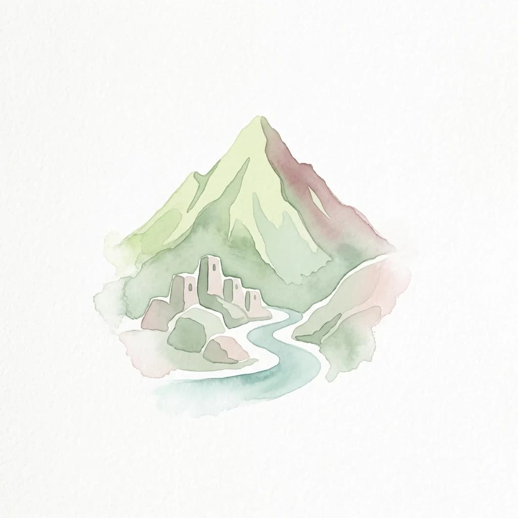Watercolor illustration of a mountain landscape with stone structures and a winding river