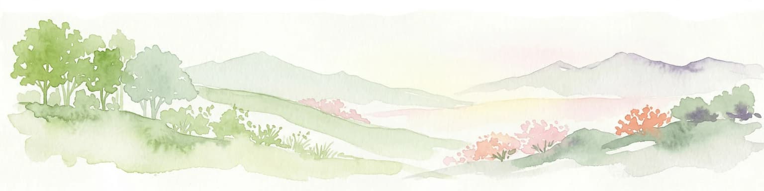 Watercolor painting showing a landscape with green hills, trees, and distant mountains