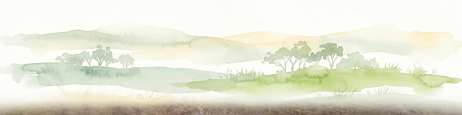 Una ilustración horizontal en acuarela que representa colinas onduladas y brumosas cubiertas de árboles y arbustos verdes dispersos, típicos de un terreno boscoso árido.