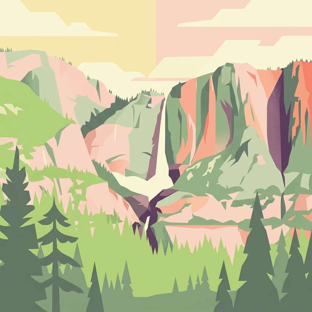 Ilustración estilizada de un paisaje montañoso con una cascada, bosques verdes y un ave en vuelo bajo un cielo con nubes pasteles