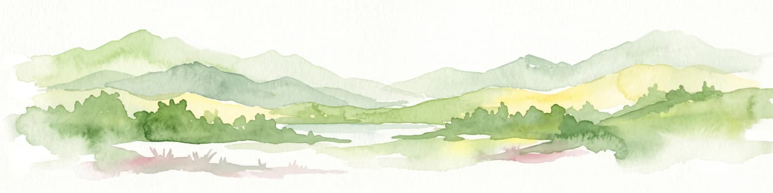 Pintura de acuarela que representa colinas verdes, un río y montañas distantes