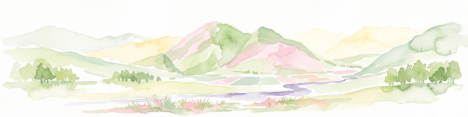 Ilustración en acuarela que muestra una vista panorámica de un valle amplio con colinas verdes, un pequeño arroyo y grupos de bosques, representada en un estilo ligero y aireado.