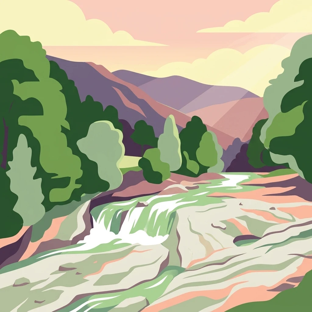 Illustration of a waterfall surrounded by trees with mountains in the background