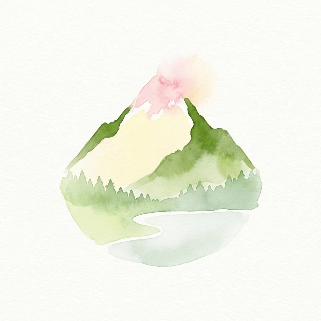 Watercolor painting showing a mountain with green slopes and trees, a pink-tinted peak, and a lake reflection below