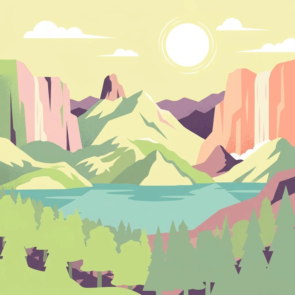 Ilustración estilizada de un paisaje de montaña con un lago, bosques y acantilados bajo un cielo iluminado por el sol