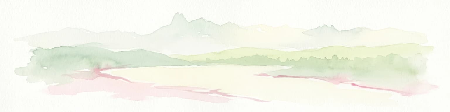Watercolor illustration of a mountain range with a lake and forested hills in soft green, pink, and beige tones