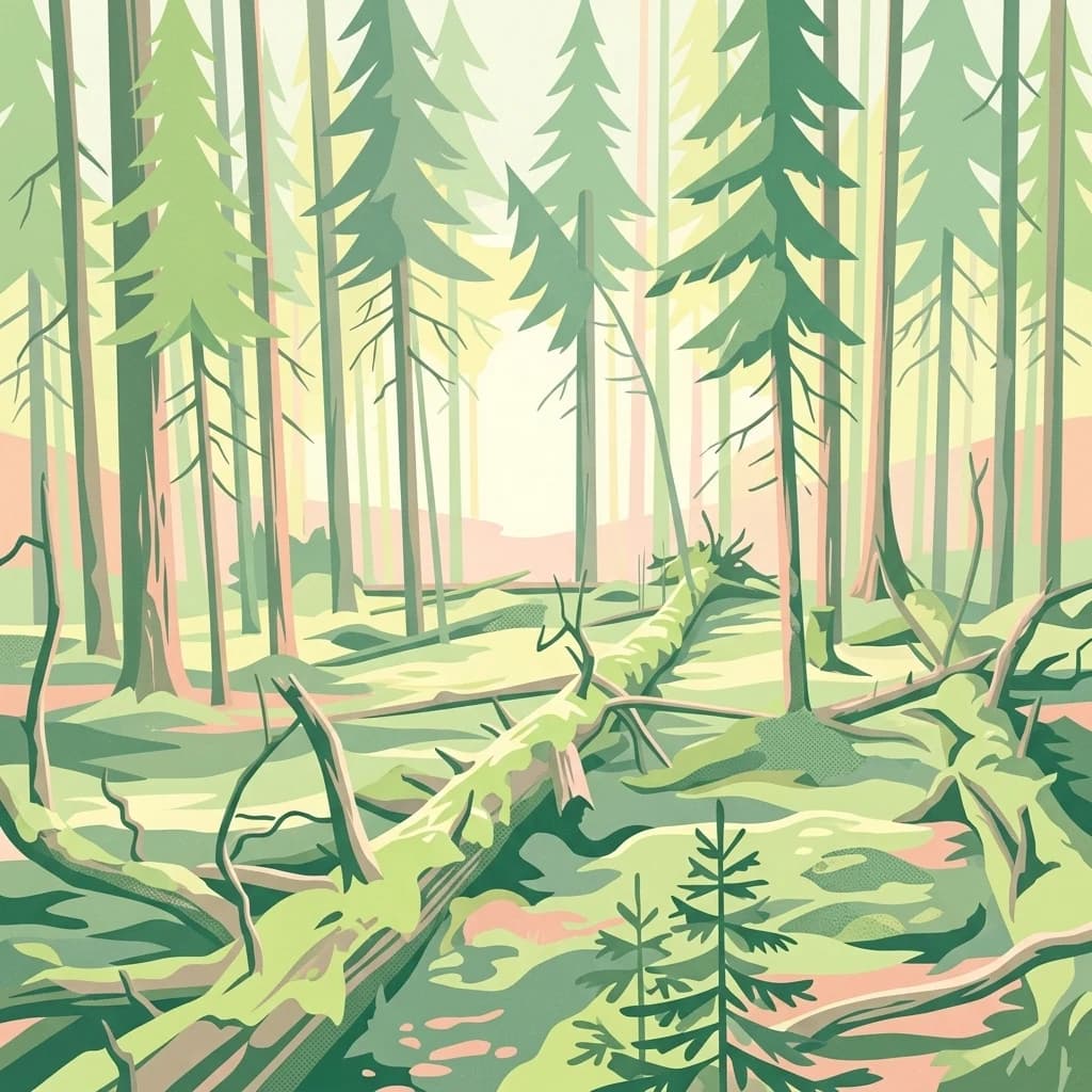 Green forest with tall pine trees, moss-covered fallen logs, and a light-colored forest floor