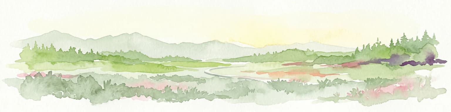 Watercolor illustration of a landscape with green forests, rolling hills, and a body of water under a pale sky