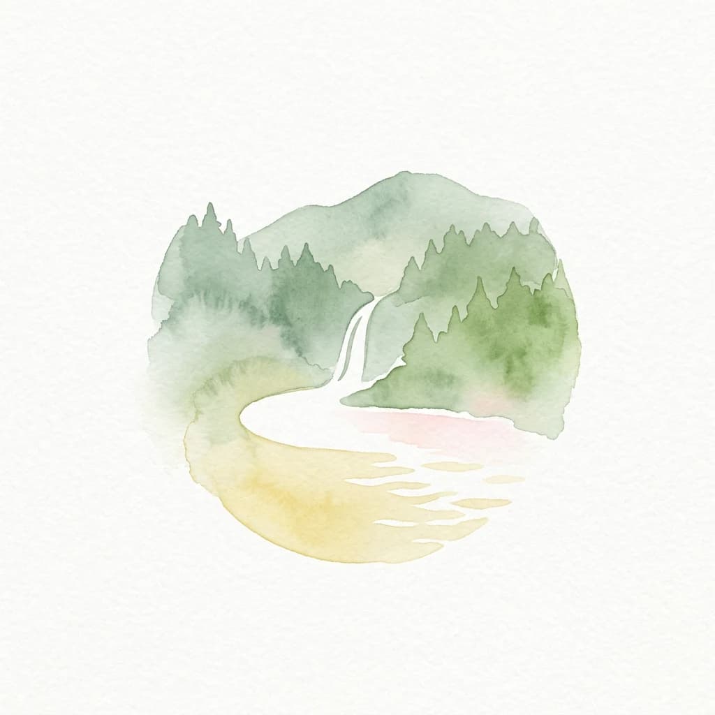 Watercolor illustration of a waterfall flowing into a river surrounded by green forested hills