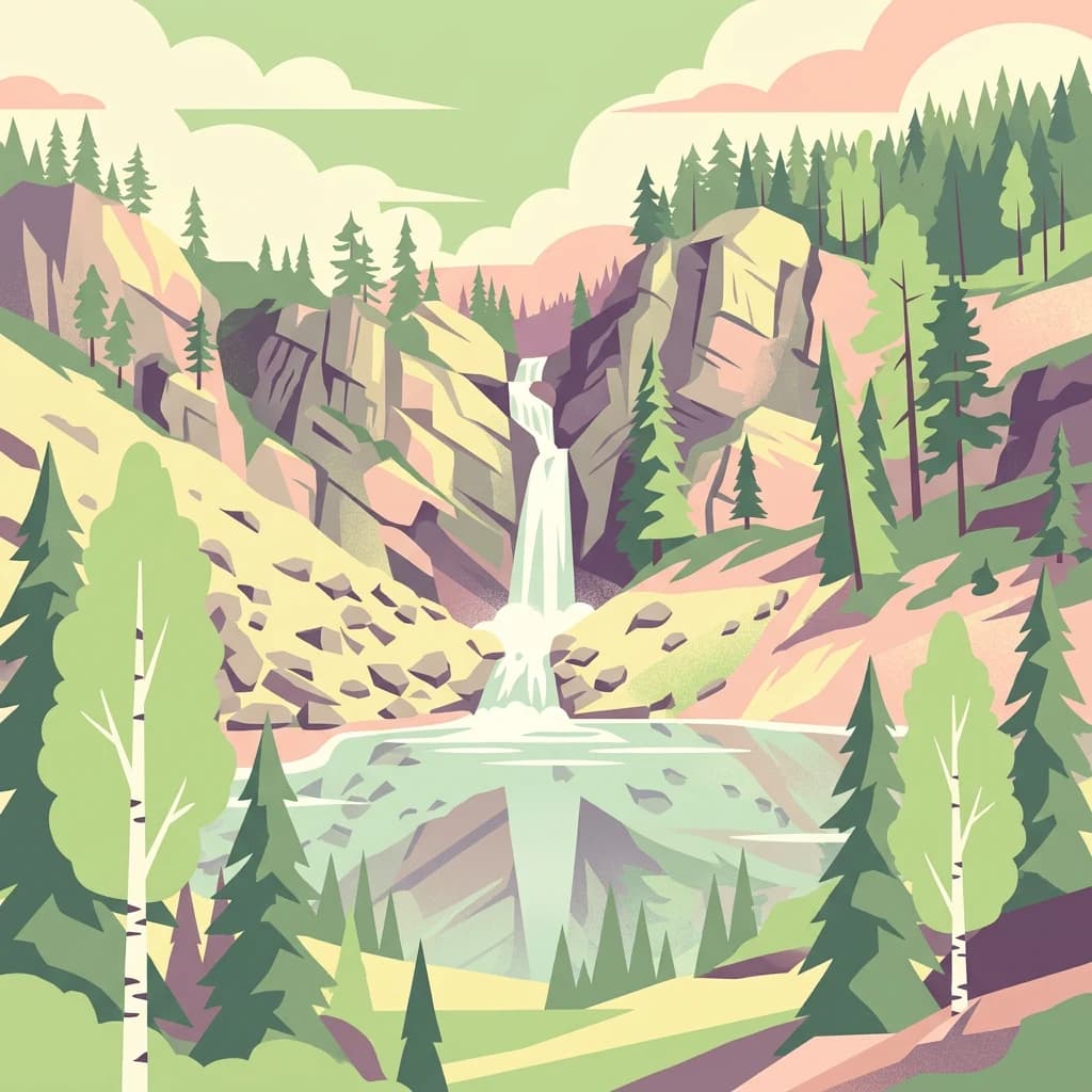 Stylized illustration showing a waterfall cascading into a lake with rocky mountains, evergreen trees, and rolling hills under a partly cloudy sky