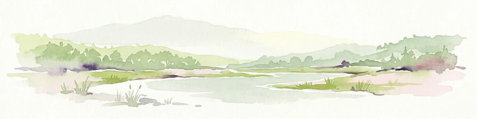 Watercolor illustration showing a lake, rolling hills, and vegetation.