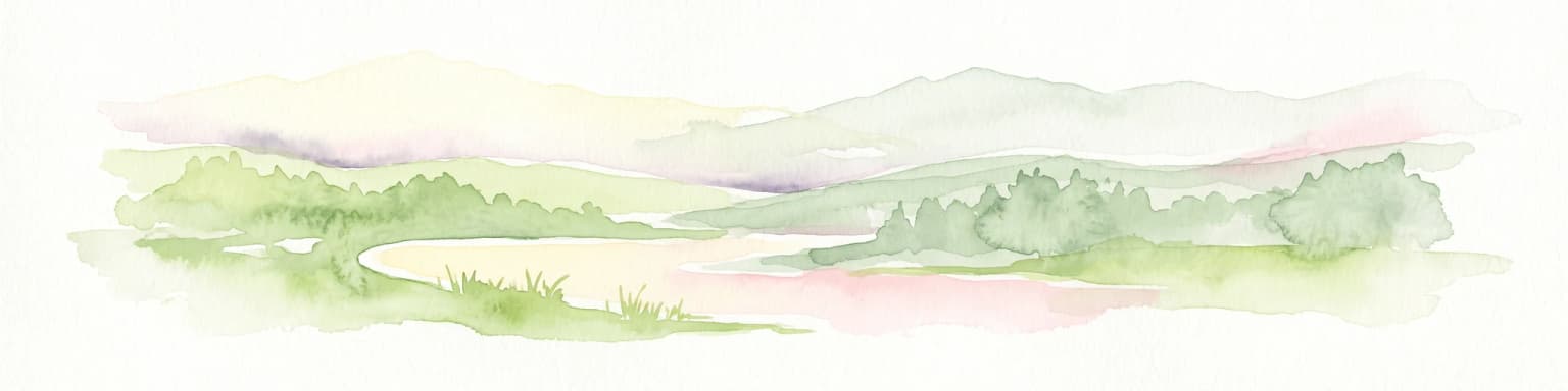A soft watercolor painting of rolling green hills, distant mountain peaks, and a calm water body against a white background.