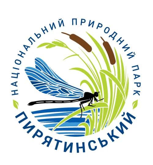 Cyrillic text in a circle with a blue dragonfly on green reeds and blue water waves