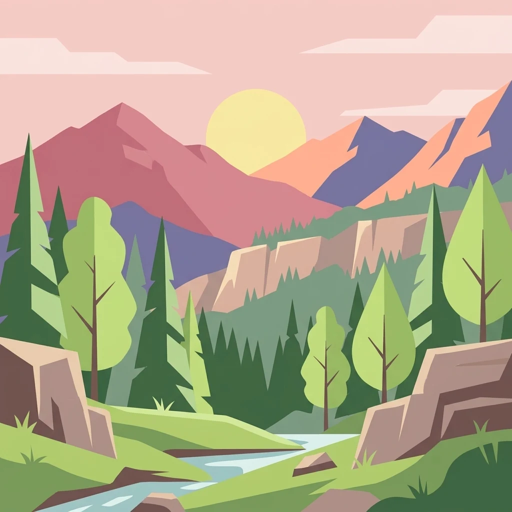 Stylized illustration of a mountainous landscape with a river, forest, and rocky formations under a sunset sky