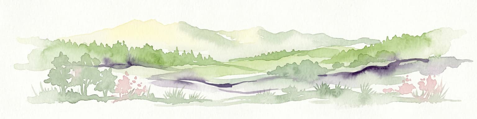 Watercolor illustration showing a river flowing through a valley with green hills and trees